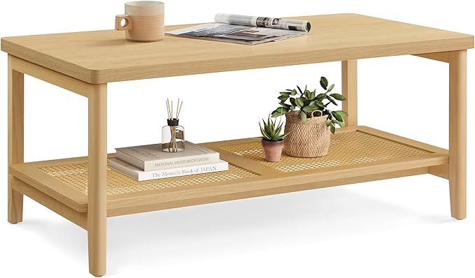 VASAGLE 2-Tier Coffee Table for Living Room, Rectangular Living Room Table, with PVC Rattan Storage Shelf, Rounded Corners, Easy Assembly, Boho Style, 21.7 x 39.4 x 17.7 Inches, Oak Beige ULCT240Y57