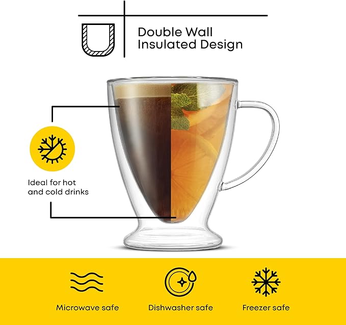 JoyJolt Declan Irish Double Wall Insulated Glass Coffee Cups (Set of 2) -15-Ounces