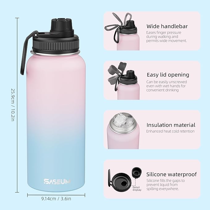 SASEUM Sport Water Bottle 32oz Stainless Steel Double Wall Vacuum Thermal Mug with Leak Proof Spout Lids, Wide Mouth Metal Insulated Water Jug for Gym and Travel（Blue Pink）