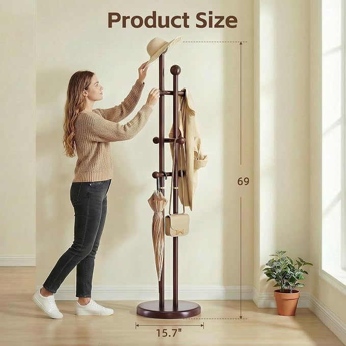 Uniclinens Wood Coat Rack Freestanding - Heavy Duty Freestanding Coat Rack, Wooden Coat Stand with 6 Hooks Creative Tree Branch-look for Entryway, Hallway, Bedroom (Dark Walnut)