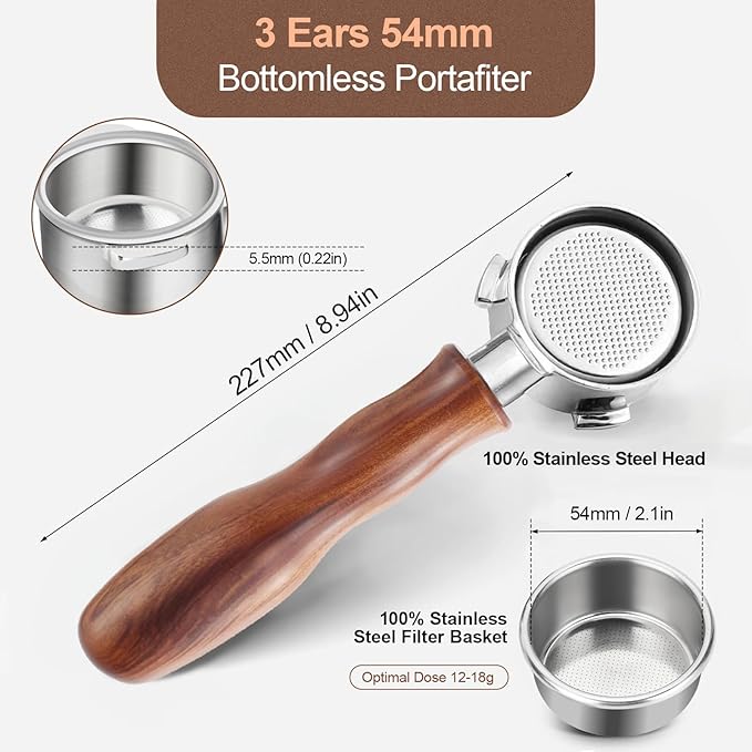 54mm Bottomless Portafilter with Puck Screen, Compatible with Breville BES870/880 & Solis etc., 3-Ear Stainless Head