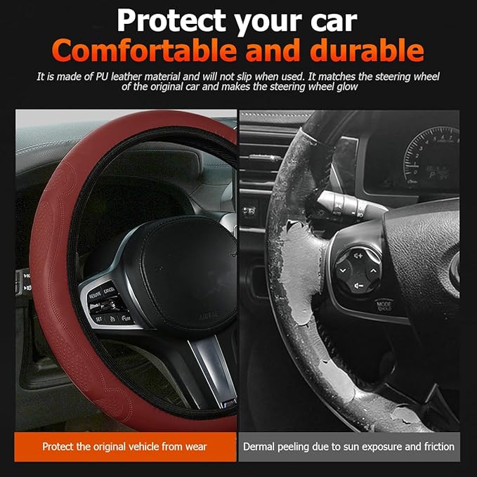 Car Steering Wheel Cover, 15 Inch Leather Soft Elastic Stretch Anti Slip Auto Steering Wheel Wrap Guard, Breathable Vehicle Interior Accessories, Universal for SUV RV Truck (Wine Red)