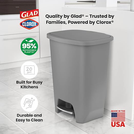 Glad 20 Gallon Trash Can with Clorox Odor Protection | Plastic Kitchen Waste Bin | Hands Free with Step On Foot Pedal and Garbage Bag Rings, Grey