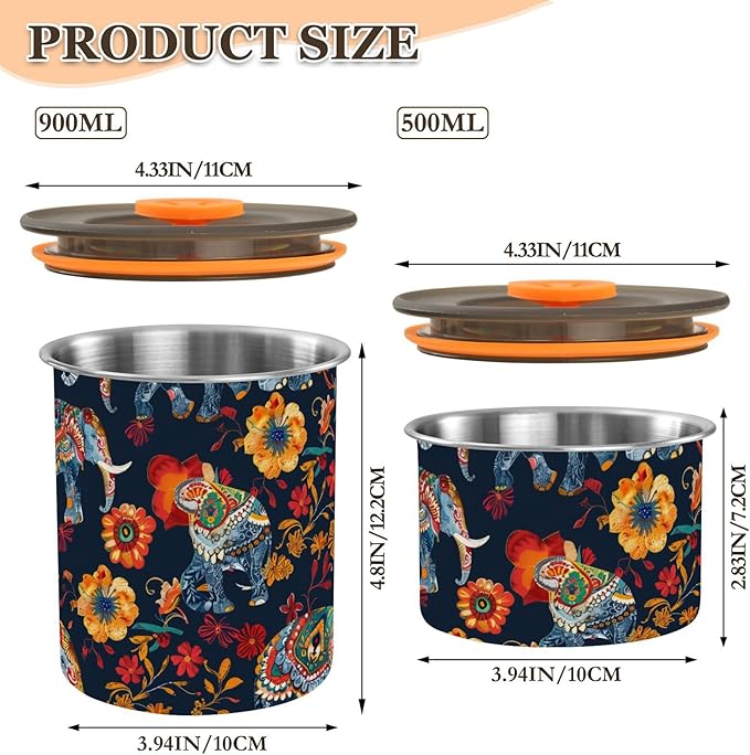 ALAZA Elephant Boho Vintage Airtight Coffee Bean Canister Customed 500ml Food Storage Containers with Lids For Gournd, Tea, Sugar, Flour, Rice, Cereal, Candy Cookie Jar