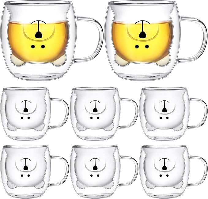 Eccliy 8 Pcs Cute Bear Mugs Bear Tea Cup 8.5 oz Double Wall Glass Honey Milk Coffee Mug with Handle Insulated Glass Espresso Cups Birthday Gift for Women Men Gift