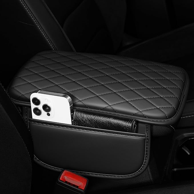 Center Console Cover for Cars Fit for Jeep Compass Leather Armrest Covers with 2 Storage Bags(Black)