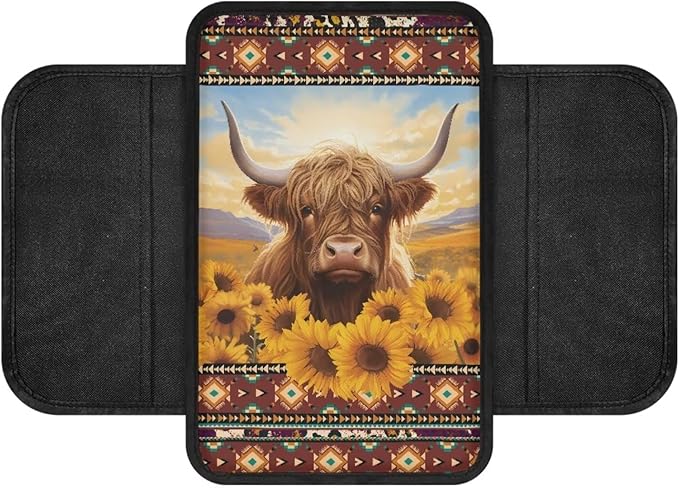 BIGCARJOB Car Center Console Cover Funny Highland Cow Print Auto Interior Accessories Car Armrest Cover Cushion Car Armrest Storage Box Sunflower Print Armrest Cover for Car SUV Truck