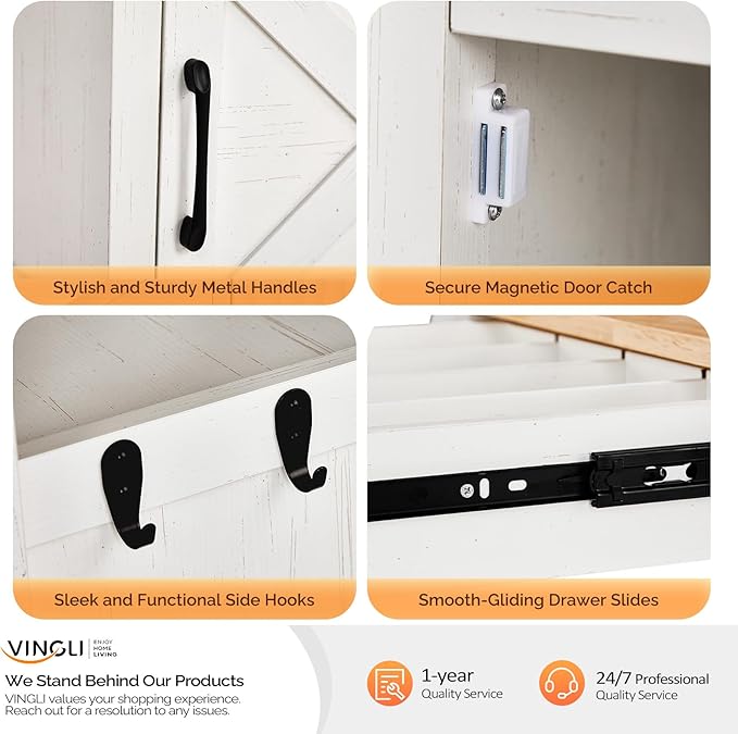 VINGLI Rolling Kitchen Cart with Microwave Stand, Storage Cabinet & Drawer, Small Coffee Cart with Side Hooks & Towel Rods, Compact Kitchen Island on Swivel Wheels, White