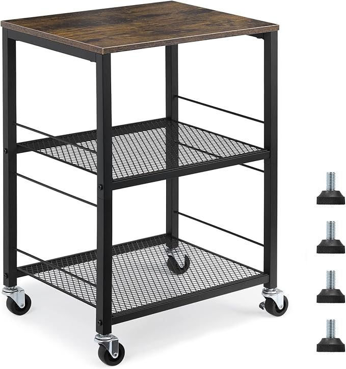 MOOACE Rustic 3 Tier End Table with Wheel,Side Table Nightstand Storage Shelf for Bedroom,Kitchen,Living Room and Office, Stable Metal Frame,Wood Top, Easy Assembly - Brown&Black