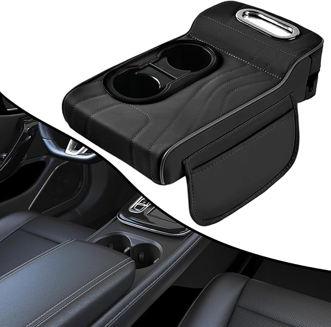 LAFANDE Car Armrest Cushion | Heightening Pad Arm Rest for Car, Center Console Cover with Storage Bags Cup Holder, Tissue Box Slot, Easy to Install and Clean
