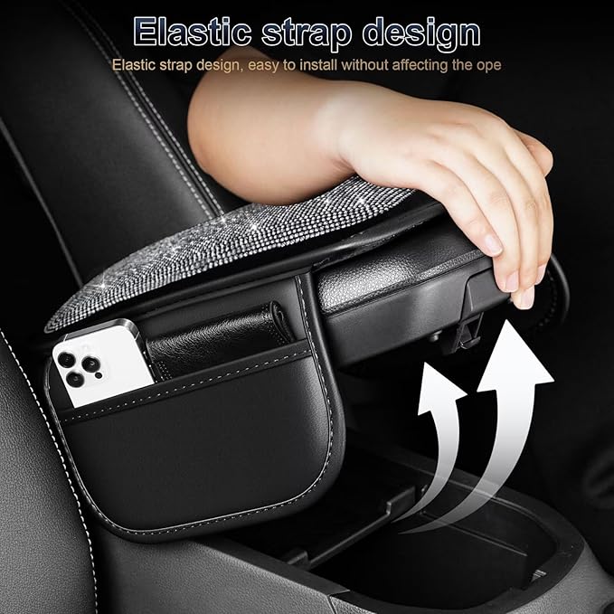 YORKNEIC Bling Center Console Cover Fit for Ford Mustang Mach-E: Armrest Cover with 2 Storage Pockets, Crystal Rhinestone Car Arm Rest Cover Pad Design for Protection(Silver Diamond)