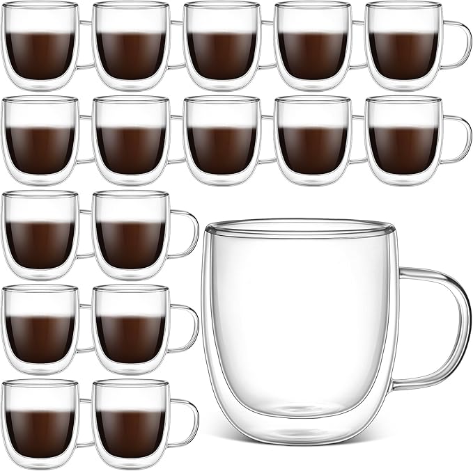 Gerrii Double Walled Glass Coffee Mugs with Handle 10 oz Insulated Borosilicate Glass Cappuccino Mugs Clear Espresso Cups for Home Office Coffee Tea Espresso Latte Milk and Hot Cold Beverages(18 Pack)