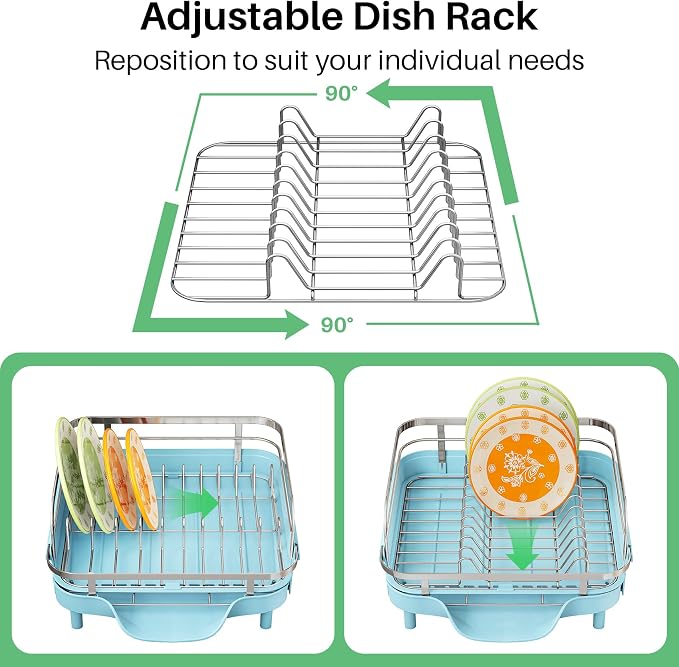 SAYZH Dish Drying Rack - Expandable Dish Rack for Kitchen Counter, Rust-Resistant Dish Drainer with Utensil Holder and Raised Guardrail, Kitchen Organizer for Cup and Bottle (Blue)