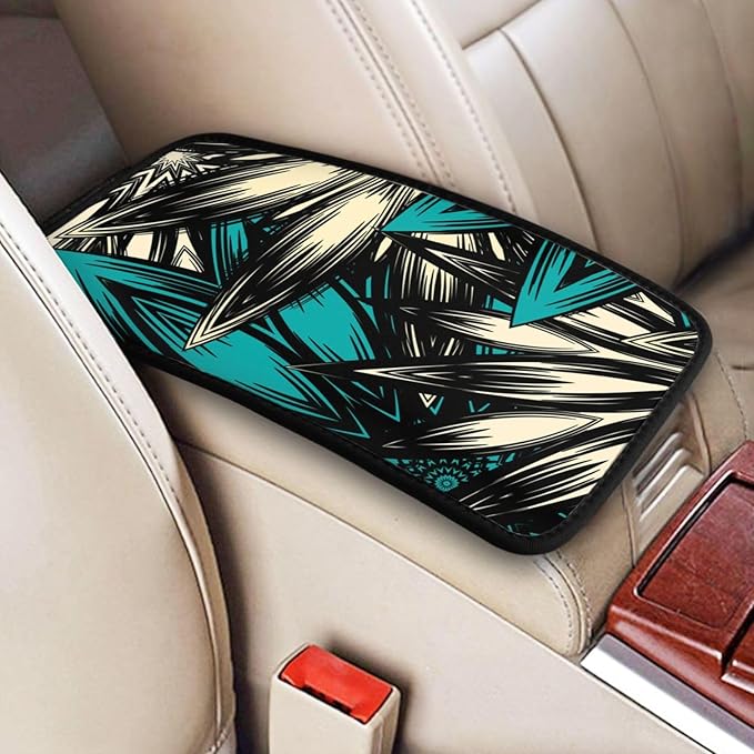 Vintage Boho Flowers Teal Green Floral Car Center Console Cover Car Armrest Cushion Waterproof Middle Console Cover Car Arm Rest Cover Pad Comfortable Car Accessories Interior for SUV Sedan Truck