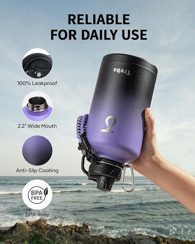 Trebo Water Bottle 64oz with Paracord Handle, Half Gallon Large Vacuum Double Wall Stainless Steel Insulated Water Jug with Holder Strap Straw Spout Lids, Leakproof Keep Cold & Hot,Dark Purple