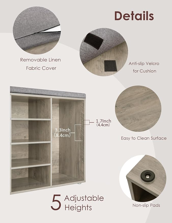 DINZI LVJ Shoe Storage Bench with Cushion, 16-Cubby Shoe Rack, Adjustable Shelves, Multifunctional Shoe Organizer Bench for Entryway, Mudroom, Hallway, Living Room, Bedroom and Garage, Gray Wash