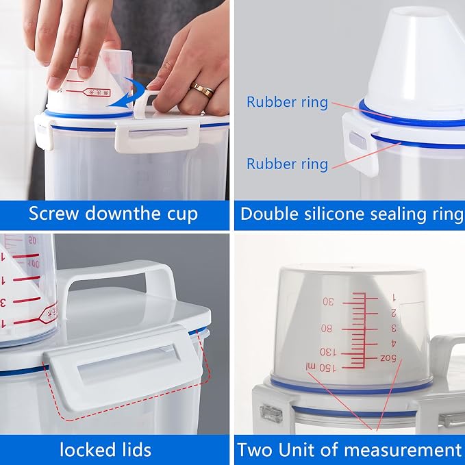 2 Pcs 5.5 LB Rice Storage Container, Airtight Cereal Flour Dispenser with Pouring Spout & Measuring Cup, Kitchen Plastic Clear Dry Food Storage Bin for Grain Oatmeal Snacks Pet Dog Food