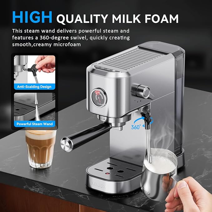 20Bar Espresso Machine, Compact Espresso Maker with Milk Frother, Stainless Steel Coffee Machine for Cappuccino&Latte, 42oz Water Tank, Visible Pressure Gauge, Home&Office, Silver