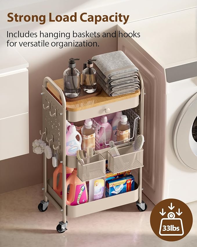 ALVOROG Rolling Cart with Drawer and Wood Table Top, 3 Tier Metal Rolling Utility Cart on Wheels with DIY Pegboards, Hanging Baskets, Hooks for Kitchen, Bedroom, Office, Craft Supplies