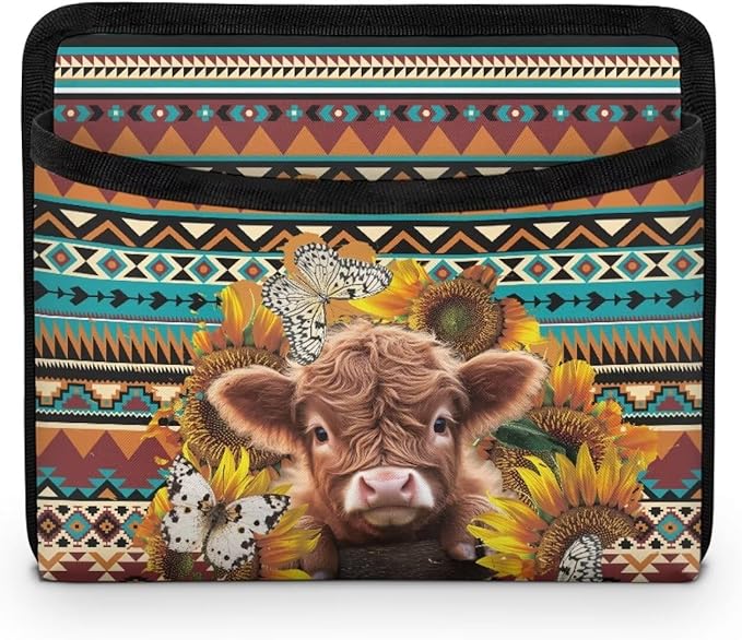 Tribal Highlands Cow Car Side Pocket Organizer Holder for Cell Phone Sunglasses Cards Front Back Seat Storage Pocket for Car Small Auto Console Door Window Storage Bag