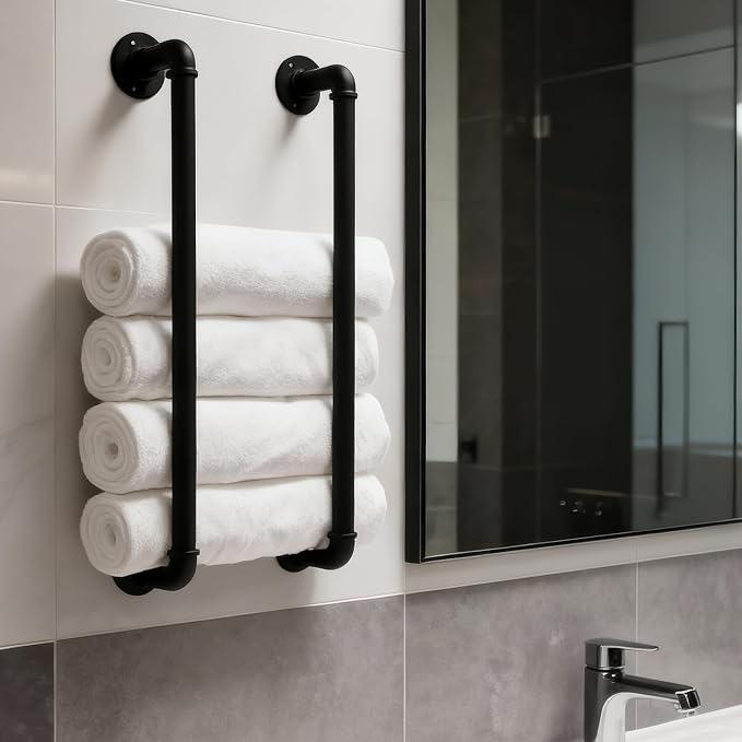 Towel Racks for Bathroom Wall Mounted 24 Inch,Industrial Pipe Towel Storage Organizer Towel Holder(Black)