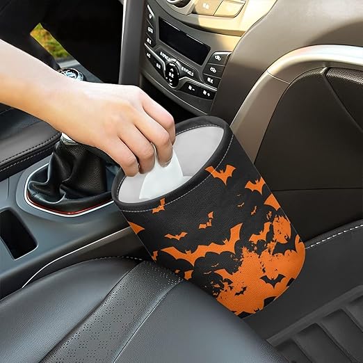 Halloween Bat Print Car Garbage Can Mini Car Trash Bin Truck Organizer Auto Storage Bag Waterproof Portable Accessories Road Trip for Kids
