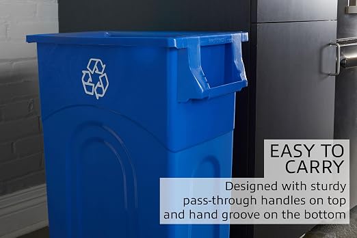 United Solutions Highboy Recycling Bin, 23 Gallon, Space Saving Slim Profile and Simple Bag Removal, Indoor or Outdoor Use, Integrated Handles for Easy Carrying, 4-Pack, Plastic, Recycle Blue