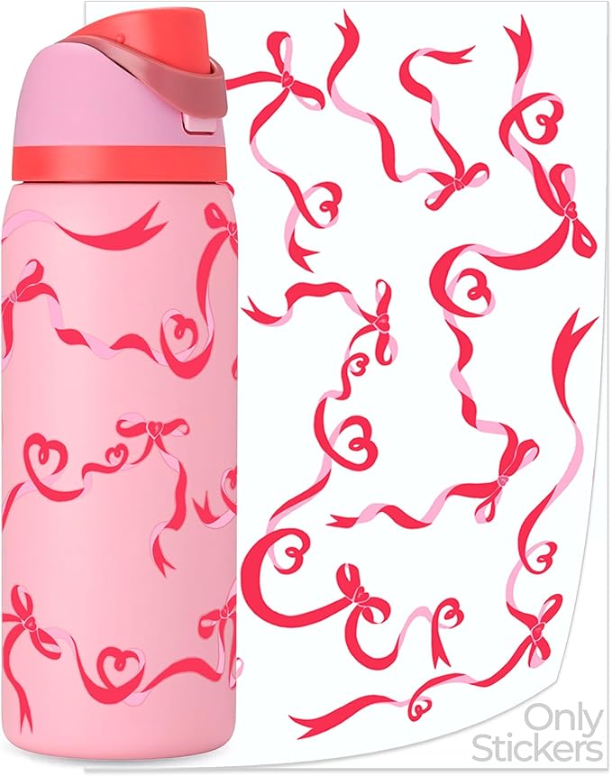Valentine's Day Tumbler Decals for Owala Accessories - Sweet Heart Bows Stickers, Fits 32oz Angel Food Cake Owala Bottles, Great Valentines Gift (Red)