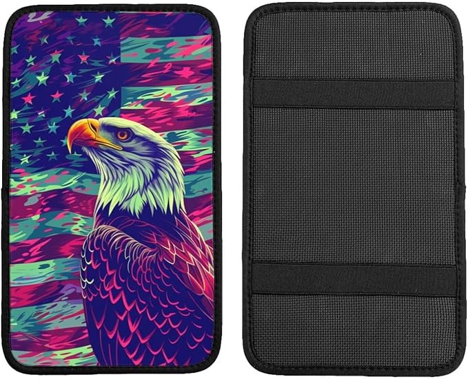 Car Center Console Cover American Flag Universal Armrest Seat Box Covers Protector, Stripe Star Blue Eagle Vintage Cars Decor Accessories Fit for Most Vehicles SUVs Sedans Vans