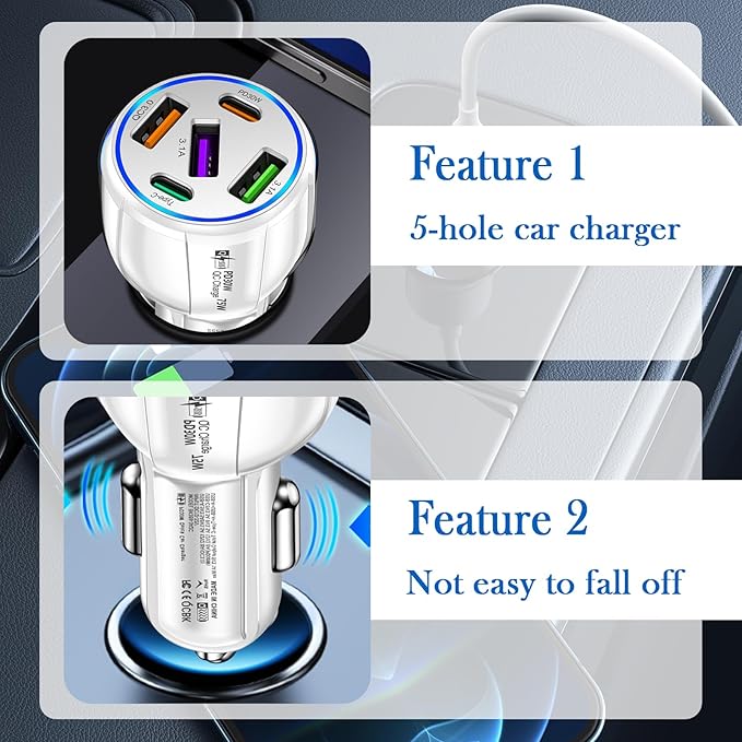 5 Port Fast Car Charger Adapter,12-24V Car Charger USB C & 30W QC3.0/3.1A Port with Reinforced Contacts & Lighting,75W Vehicle Accessories Cigarette Lighter USB Chargers (White)