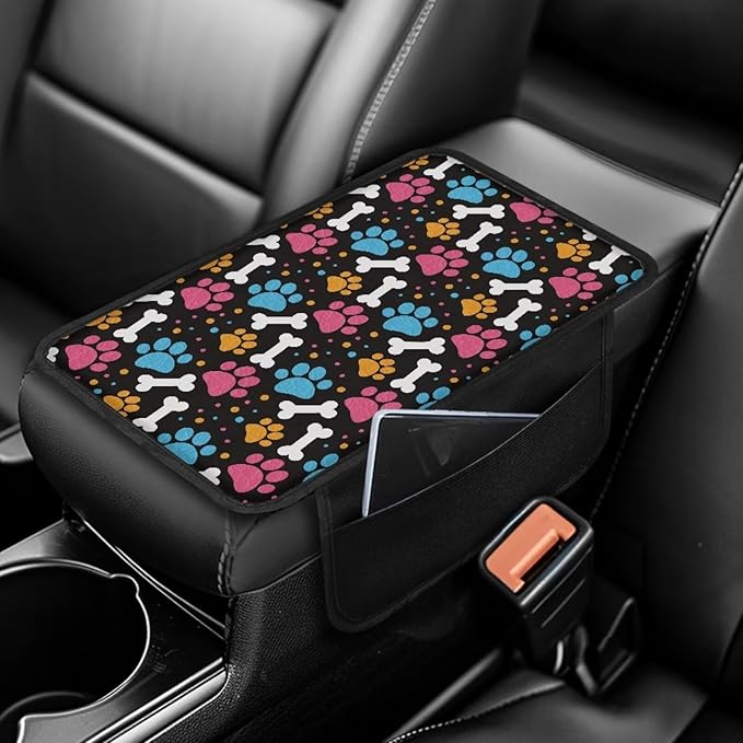 BIGCARJOB Cute Paw Print Auto Armrest Cover for Center Console,Portable Car Center Console Cover with Side Storage Universal Car Armrest Storage Box Car Interior Accessories for Most Vehicles