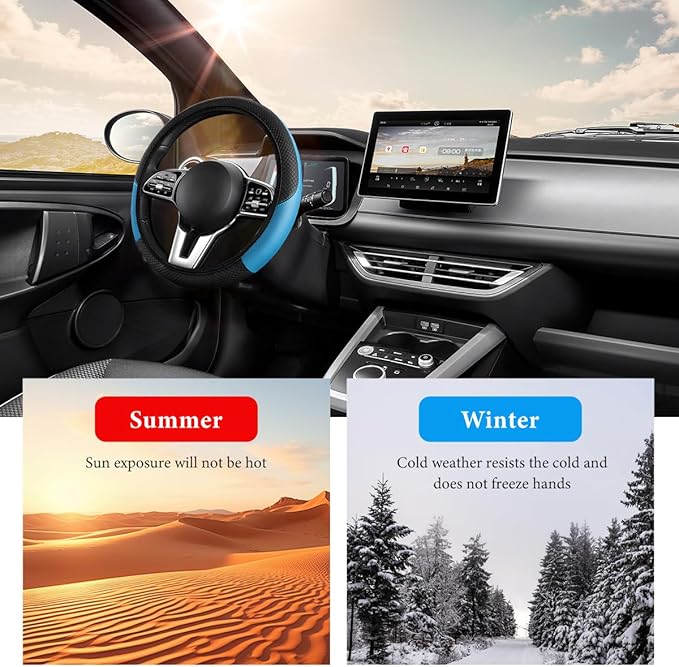 Car Steering Wheel Cover, 15 Inch Anti-Slip Stretch Leather Steering Wheel Protector, Comfortable Breathable Sporty Steering Wheel Cover for Women Men, Car Accessories (Black & Blue, AD)