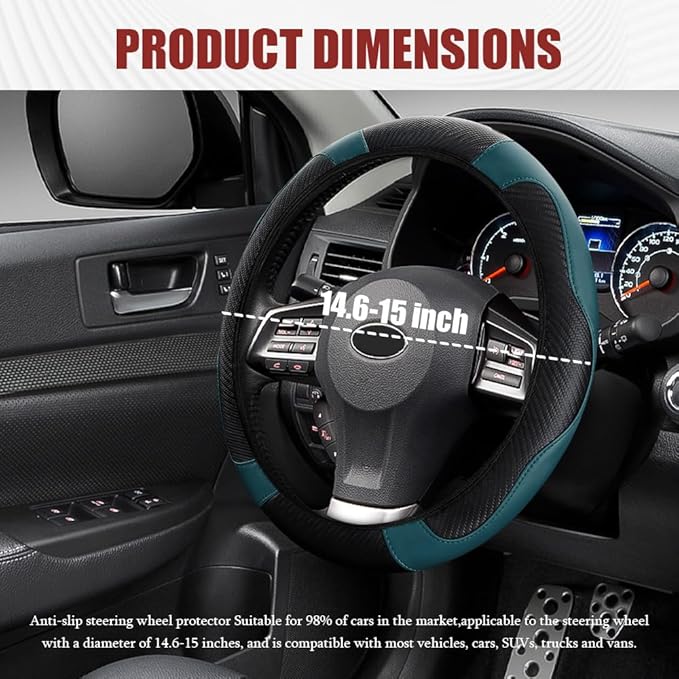 Car Steering Wheel Cover, Steering Wheel Protector, Universal 14.5-15 Inch Microfiber Leather Breathable Auto Steering Wheel Covers, Carbon Fiber Steering Wheel Cover for Women Men (Dark Green)