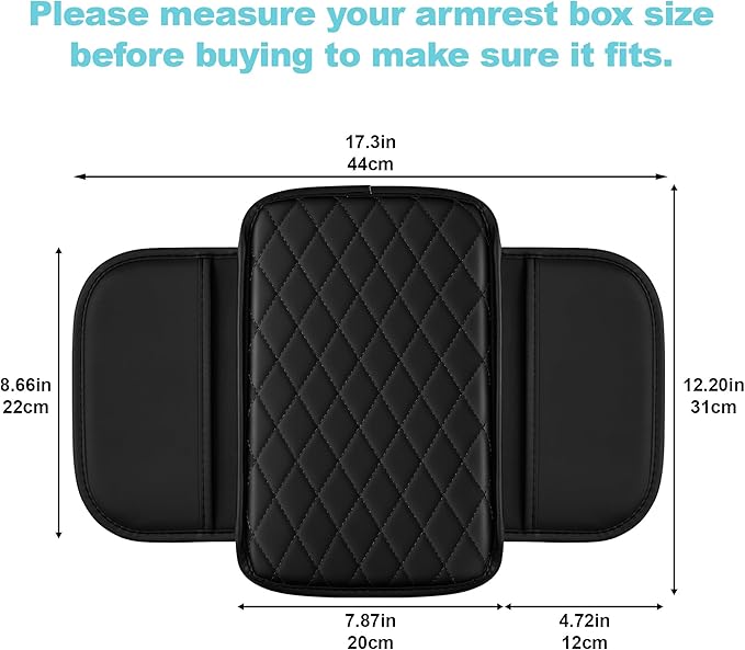 Center Console Cover Fit for Kia Soul 2010-2025 with 2 Storage Bags Waterproof Leather Quilted Pattern Car Armrest Cover Cushion Anti - Slip(Black)