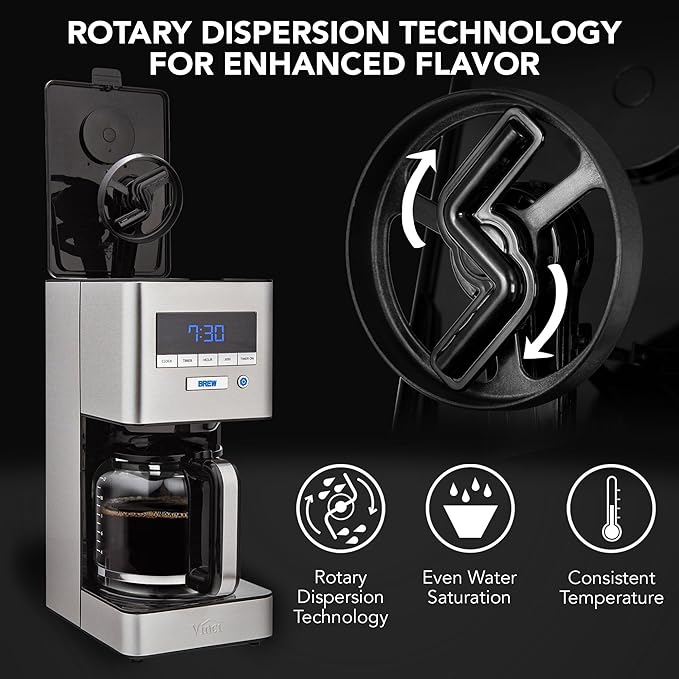 VINCI RDT Elite Spinning Sprayhead Coffee Maker | 12-Cup Programmable Coffee Brewer with Bloom Feature and Rotary Dispersion Technology | Black and Stainless Steel | Auto Shut-Off
