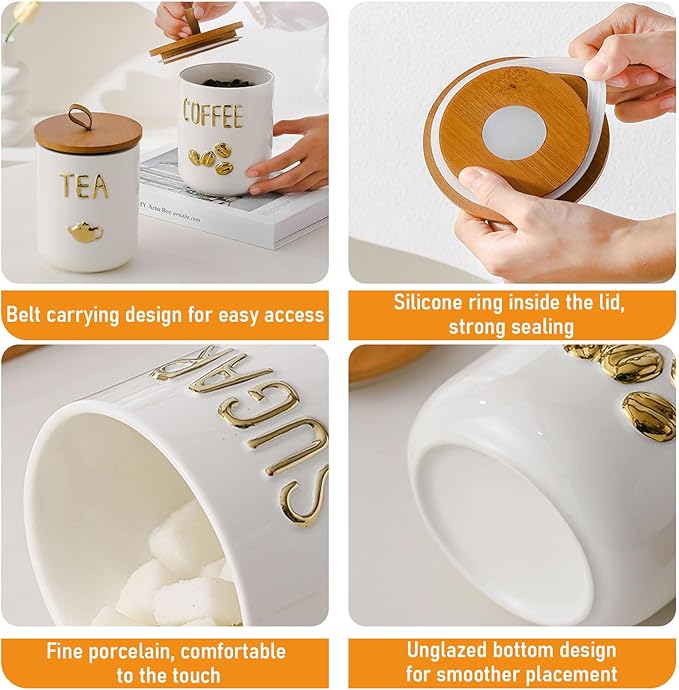 jessie 27oz Ceramics Coffee Canisters with Airtight Seal Bamboo Lid Silicone,Coffee Bean Storage for Kitchen Countertop,Food Storage Jars for Coffee Bean Ground Coffee (Three piece)