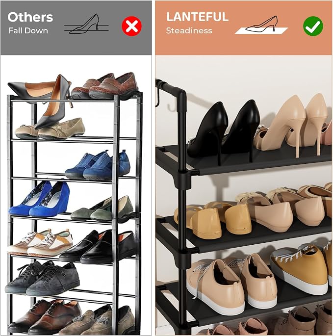 LANTEFUL 6 Tier Shoe Rack for Closet Shoe Organizer with 5 Hooks, Long Shoe Shelf Storage for Shoe and Boot Stackable Free Standing Shoe Rack for Entryway, Garage, Small Spaces, Dorm, Black