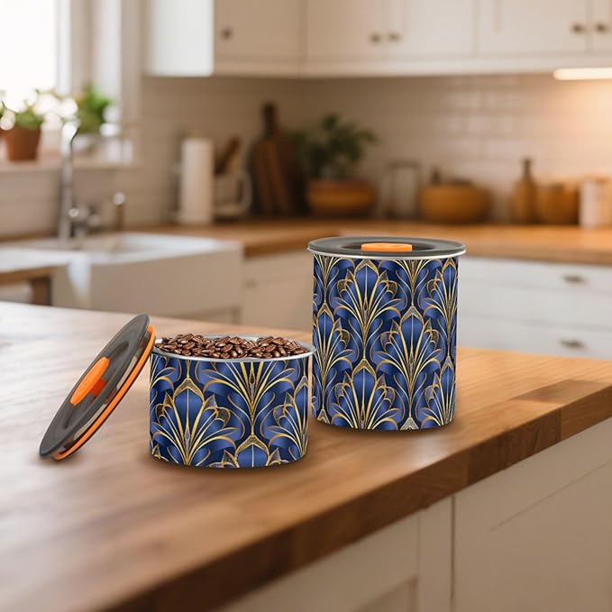 ALAZA Royal Blue & Golden Art Deco Floral Airtight Coffee Bean Canister 900ml Food Storage Containers with Lids For Gournd, Tea, Sugar, Flour, Rice, Cereal, Candy Cookie Jar