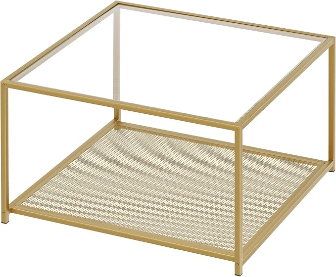 Gold Glass Coffee Table, Square Coffee Tables with Storage Shelf, Simple Tea Cocktail Modern Center Tables for Small Space, Living Room, Easy Assembly, 26 * 26in（Gold）
