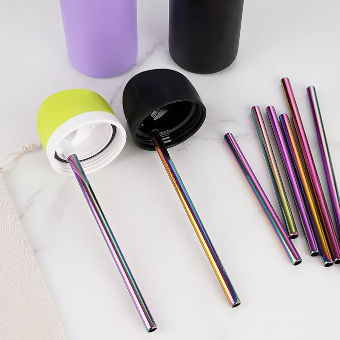 NiHome 6-Pack Iridescent Stainless Steel Drinking Straws, Compatible with Owala FreeSip 40oz, Food-Grade Rust-Resistant Material, Includes Cleaning Brushes & Travel Storage Bag