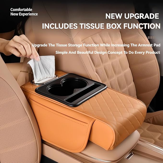 Multifunctional PU Leather Car Armrest Box Mat, 5-in-1 Multifunctional Car Armrest Cushion, Center Console Cover with 2 Cup Holder, For Storing Tissues,Phones,Wallets,Drinks,for Most Cars (Black-A)