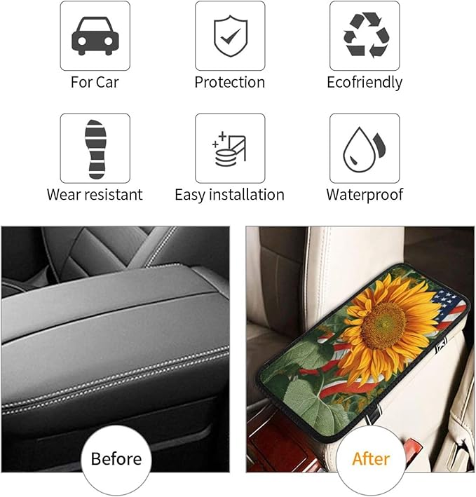 Sunflower Center Console Cover Pad, American Flag Car Armrest Seat Box Cover Cushion Universal for Most Vehicle SUV Truck, Car Interior Accessories Decor, Protect from Pet Claws & Dirt
