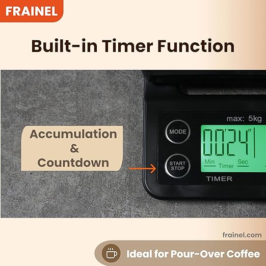 Coffee & Kitchen Digital Scale for Pour Over, Drip, Espresso, Salad Preparation, Pizza, Seasonal & Thanksgiving Cooking. Built-in Timer, Unit Switch, Green LCD, Max 5kg Weight, 0.1g Accuracy
