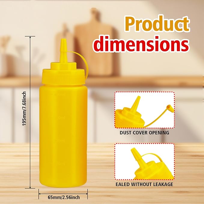 Squeeze Bottles for Sauces,Leak-Proof Condiment Dispenser, BPA-Free Kitchen Restaurant Squeeze Bottle Set with Wide Mouth for Ketchup, Mustard,Syrup,Dressings (Yellow, 4Pack-16oz(400ml))
