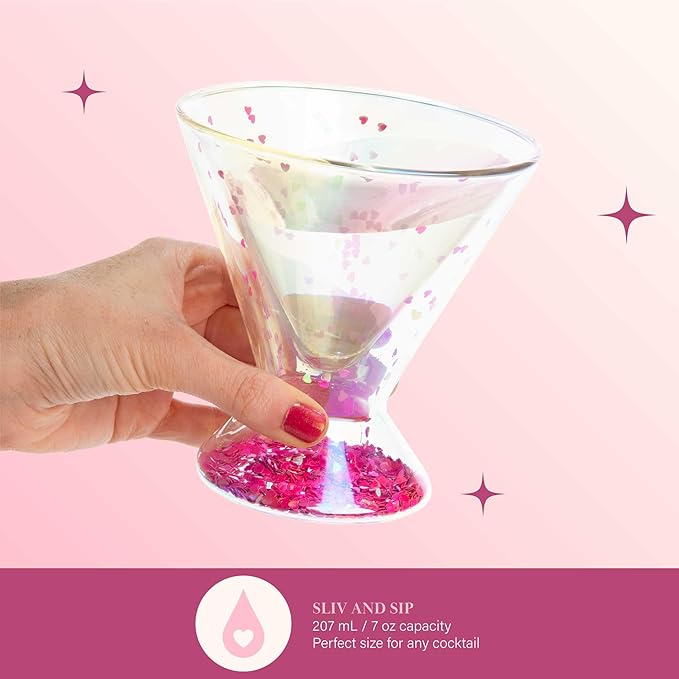 Paris Hilton 2-Piece Martini Glass Set, Double Wall Glass Design, Great for Martinis, Cocktails, Cosmopolitans, Margaritas, 207mL, 7-Ounce, Iridescent with Glitter Hearts