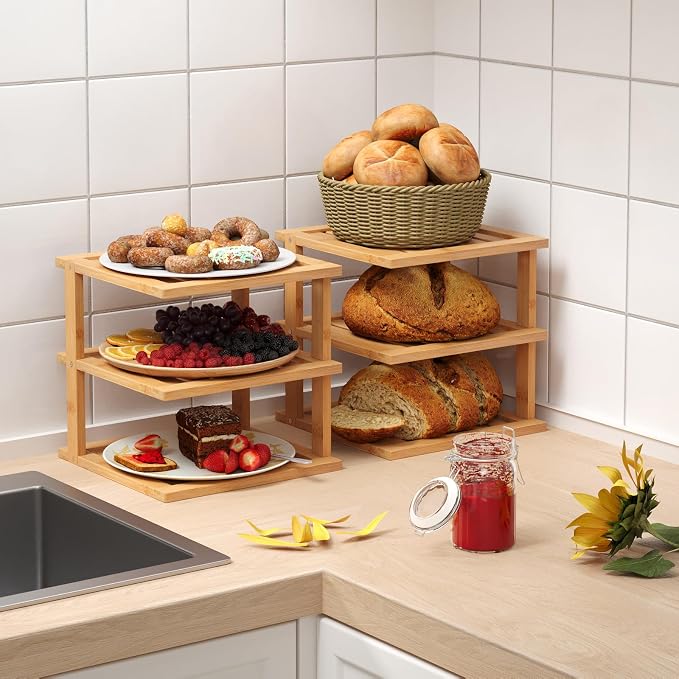 2 Pack Bamboo Corner Shelf,3 Tier Kitchen Cabinet Organizer for Plates and Dishes,Pantry Storage and Spice Rack（Natural）