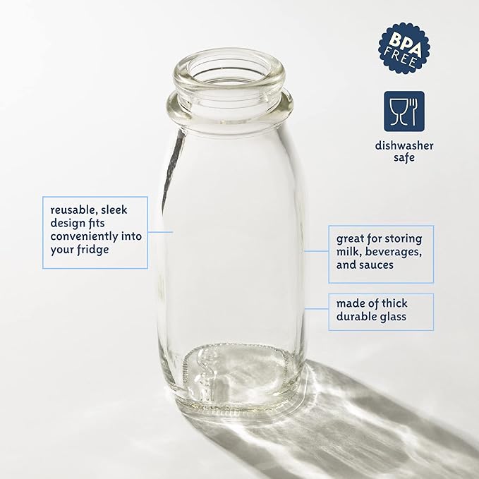 kitchentoolz Glass Creamer Bottle 12 Oz Square Glass Milk Bottle with Lids- Glass Bottles with Lids - Milk Container for Refrigerator - 12 Ounce Milk Bottle with Lid and Pour Spout