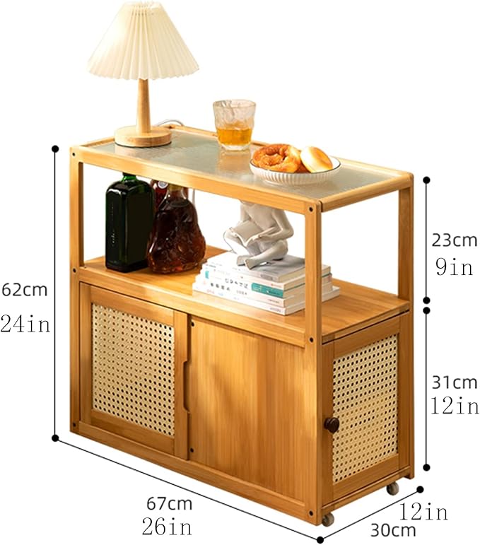 Side Table Glass Top Movable End Table Coffee Station Table, MDF Coffee Bar Stand Cart with Storage Coffee Table on Wheels,for Home Kitchen, Entryway, Living Room,Dining Room(Brown)