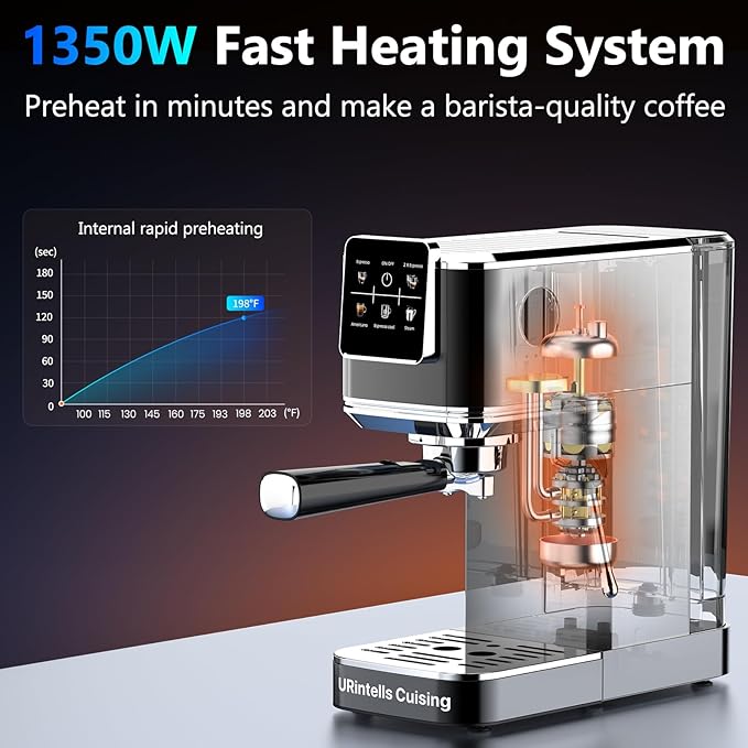 Espresso Machine 20 Bar,Touch Screen Espresso Maker with Steam Milk Frother,Stainless Steel Expresso Coffee Machine for Cappuccino Latte Cold Brew,1350W Fast Heat Up System,Black