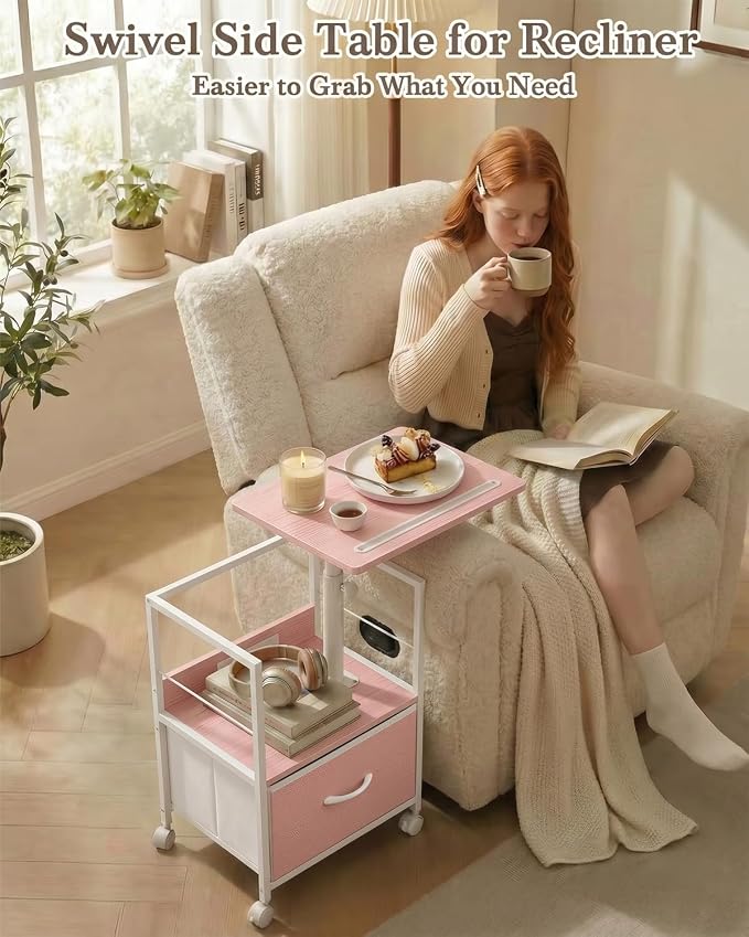 Faesun Swivel Lift Top Nightstand with Charging Station, Rolling Side Table for Recliner, Bedside Table with Wheels & a Fabric Drawer, for Small Spaces, for Bedroom, Living Room, Pink